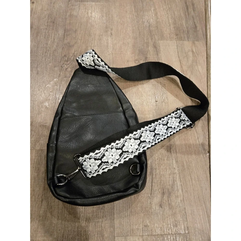 Sam & Hadley Guitar Strap Sling Bag‎ Black 4 Pockets Stud Embellishment Moto